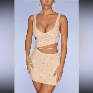Oh Polly Beaded Dress Nude Embellished Cut-Out Mini Dress in Sand Size US 6 NWOT